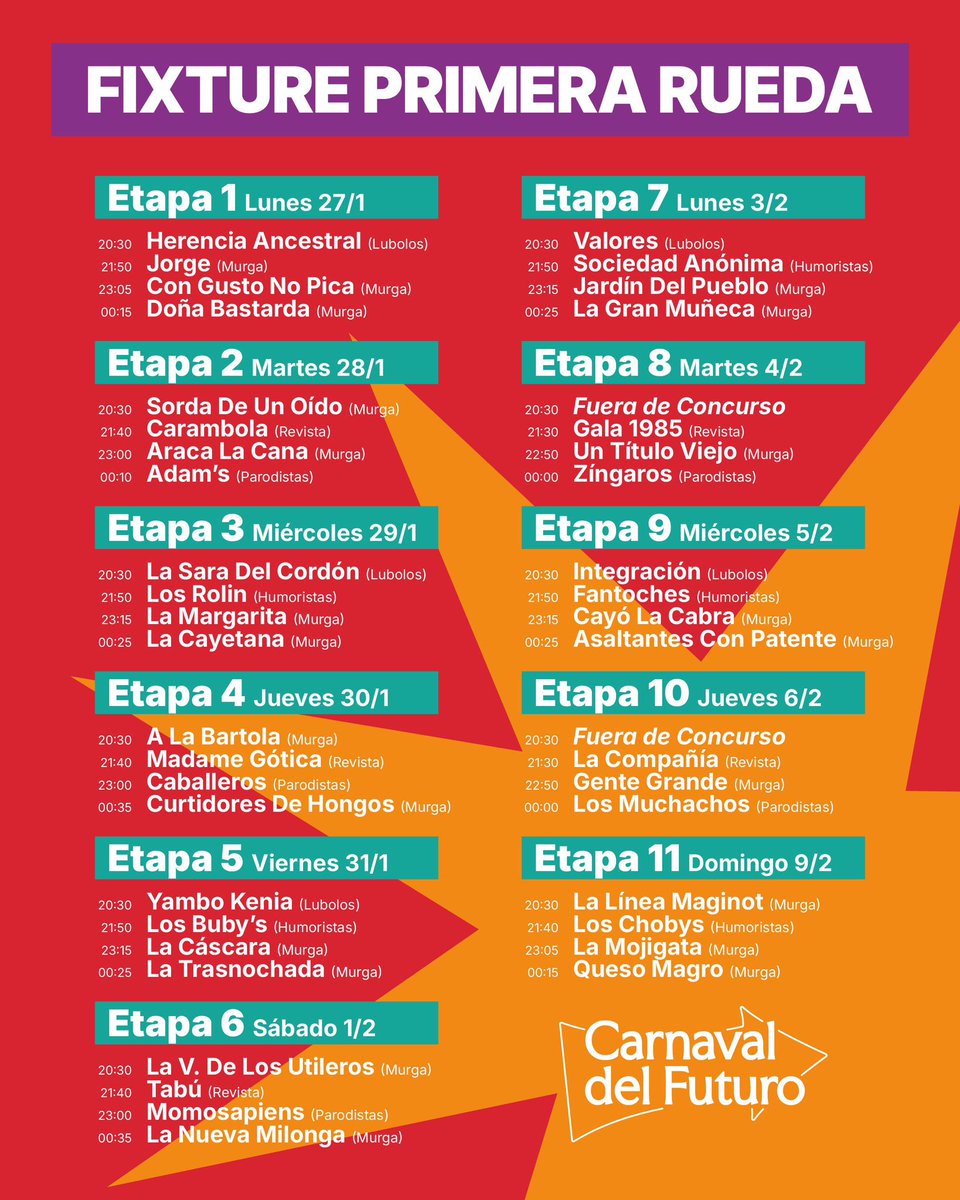 👉¡Llegó el tan esperado FIXTURE de la primera rueda!

¡Tenela a mano para ir al teatro o prenderte a la mejor transmisión de carnaval!🎉📻