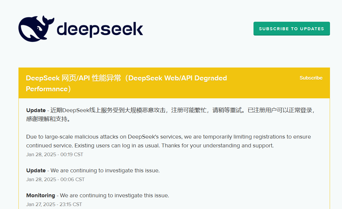 oscarmorali's tweet photo. DeepSeek's hit by cyber attacks, causing some slowdown. New users, hold tight - sign-ups are paused! Existing users, you're good. It's a wild world out there in AI! #DeepSeek #AI #Cybersecurity https://t.co/yIBUwUAQAX