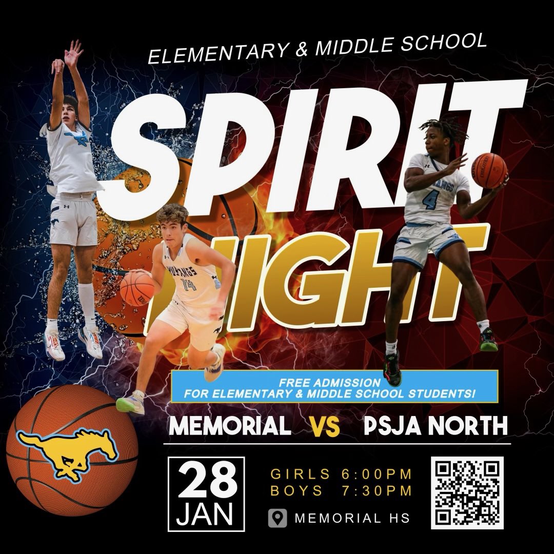 ‼️🚨GAMEDAY INFO🚨‼️
FEEDER SCHOOL SPIRT NIGHT

LAST DISTRICT HOME GAME!!

🆚PSJA North 
📆1/28/25
⏰7:30pm

Come support your Mighty Mustangs tomorrow night as we take on PSJA North in a district match up

<a href="/McAllenMemorial/">Memorial High School</a> <a href="/Athletics_CMS1/">Cathey Athletics</a> <a href="/bmsdobies/">Brown Middle School</a> <a href="/gonzalezelem/">TheGrizzlyDen</a>