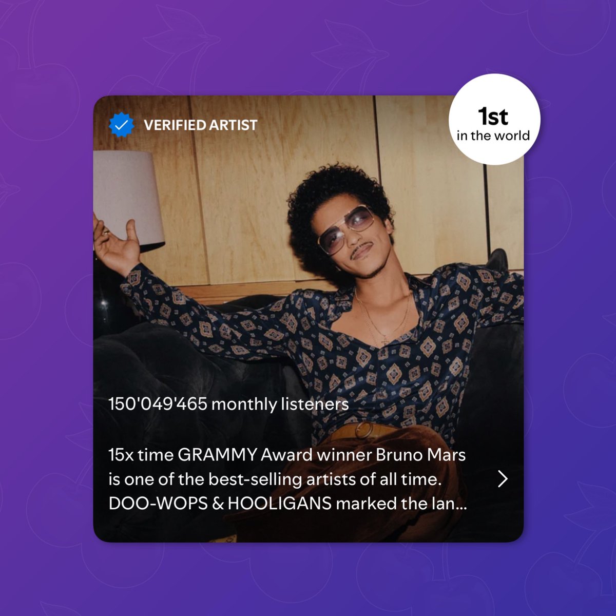 Bruno Mars becomes the first artist in Spotify history to surpass 150 million monthly listeners.