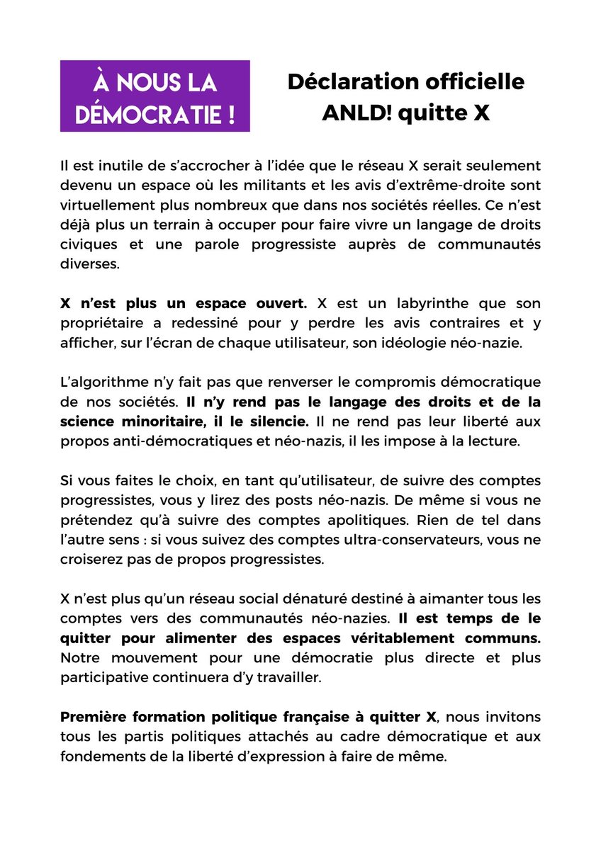 En tant que mouvement progressiste, nous refusons de soutenir cette mascarade de la liberté d'expression qu'est devenue la plateforme X. 

En accord avec nos valeurs, nous décidons donc de quitter cette dernière. 

Vous nous retrouverez sur Bluesky : bsky.app/profile/anousl…