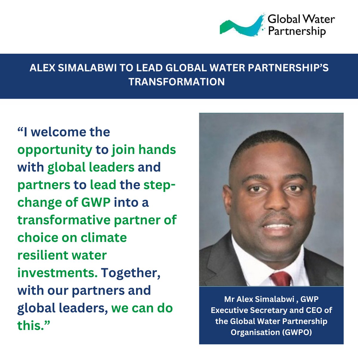 🔊 Alex Simalabwi to Lead Global Water Partnership’s Transformation: A Boost to GWP’s Mission on #WaterSecurity and #ClimateResilience

Join us in welcoming <a href="/simalabwi/">Alex Simalabwi</a> in his new role!

📖 Read the full announcement 👉 bit.ly/4ayXyJD