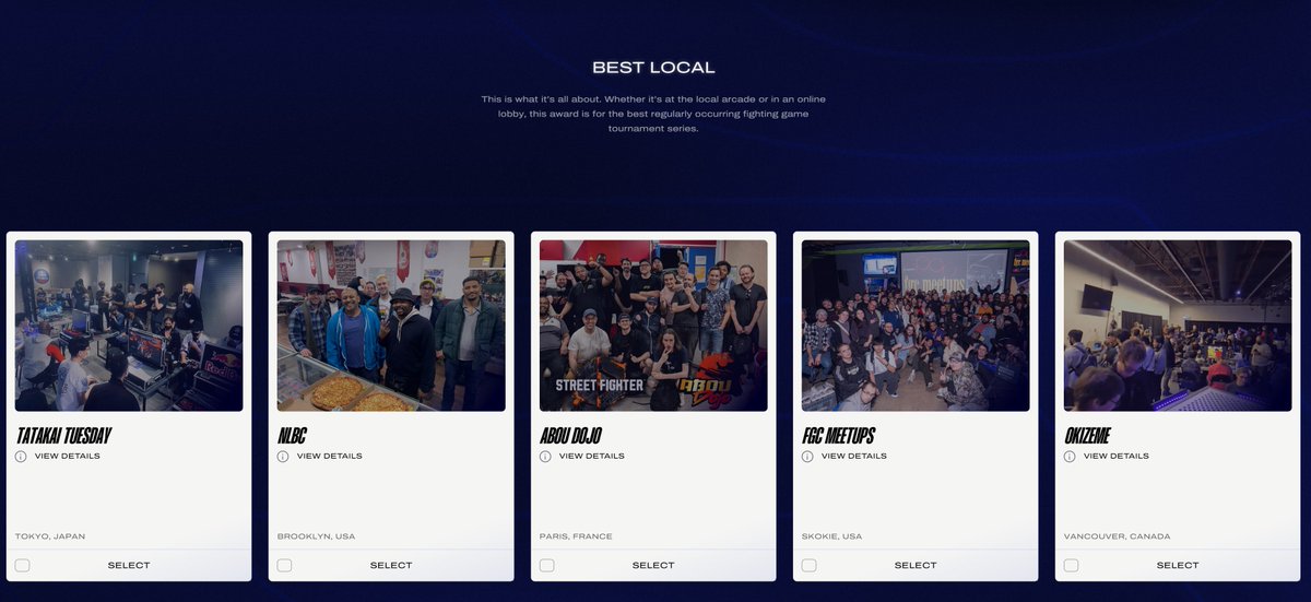 To better spotlight community efforts, both locally and online, we've separated the Evo Award for Best Local into two categories: Best Local and Best Online Series.

Visit evo.gg to see the new nominees in each category and to vote for your top picks.