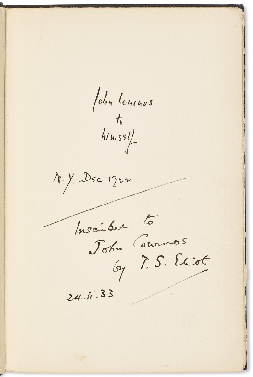 For T.S. Eliot enthusiasts: discover this rare, inscribed copy of modernist masterpiece The Waste Land, "Inscribed to John Cournos by T.S. Eliot, 24.ii.33." 

The sale starts closing at 10am EST tomorrow morning - more about this lot here: onlineonly.christies.com.cn/s/fine-printed…