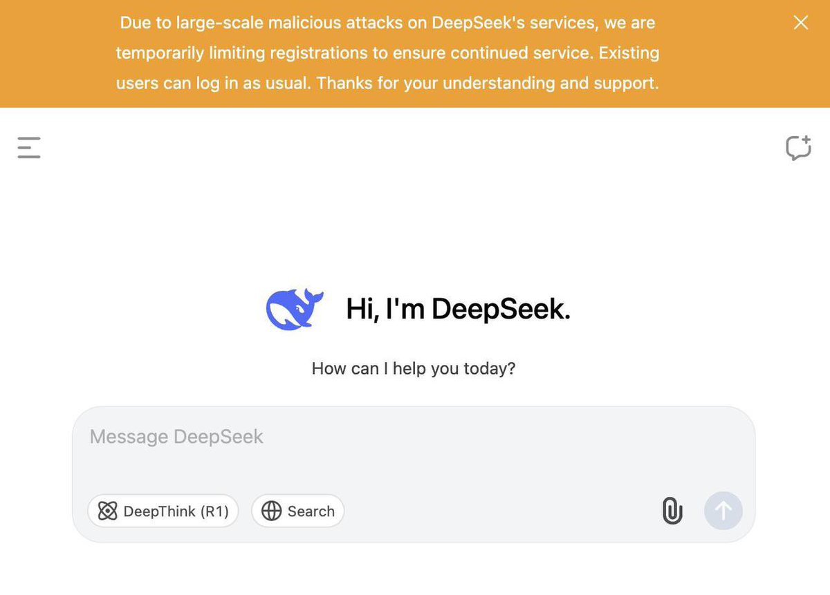 cryptonwsuk's tweet photo. JUST IN: DeepSeek AI reports service degradation caused by large-scale malicious attacks. https://t.co/PMVXxvCqgW