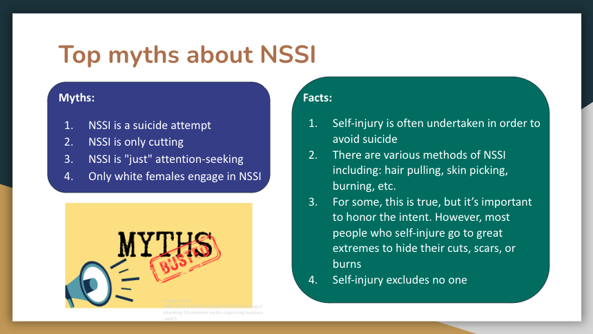 ITripleS's tweet image. Check out this infographic created by our Lived Experience SIG dispelling four of the top myths about NSSI! #mythbusting