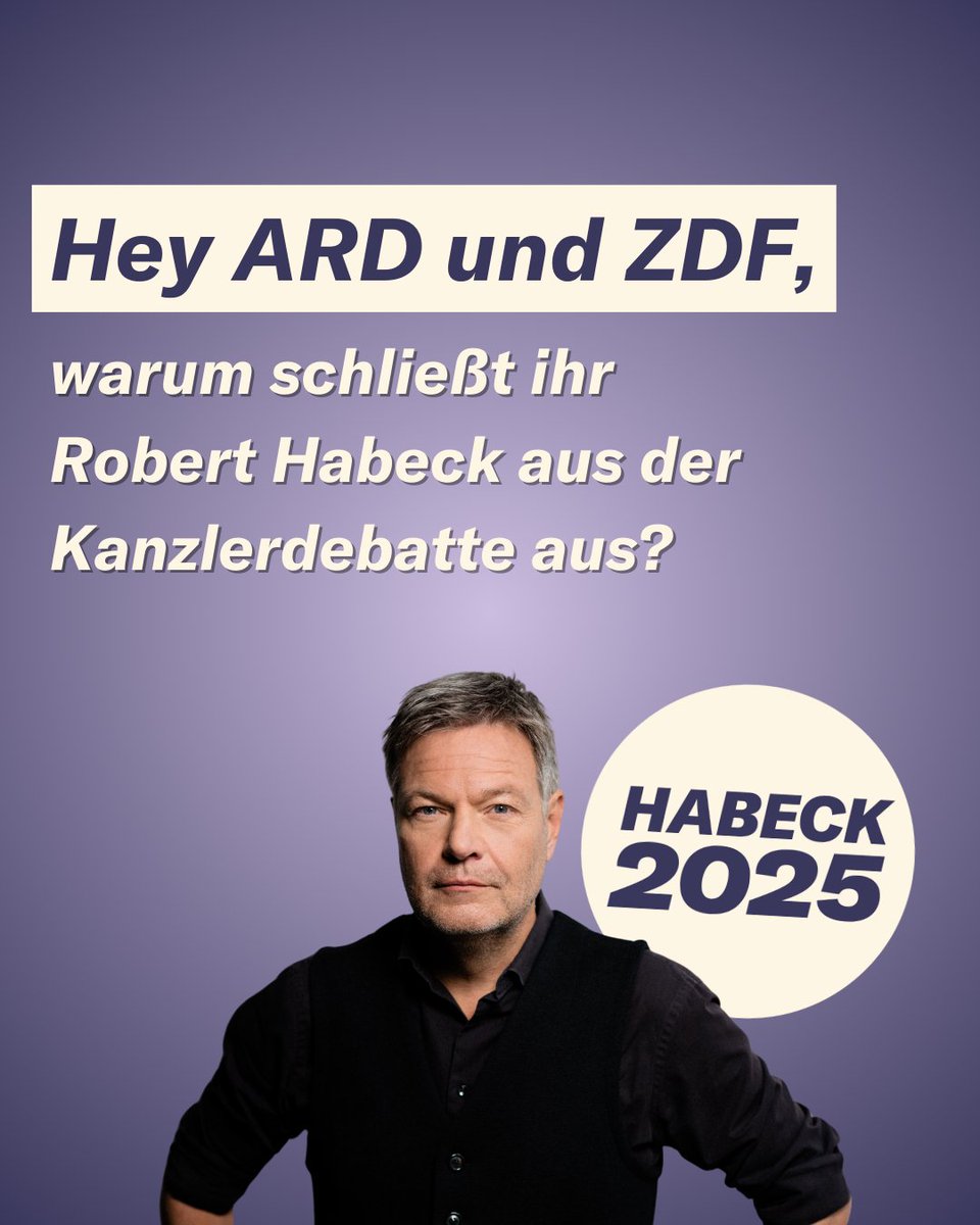 Selbst Friedrich Merz fordert #Habeck im Triell. Warum stellt sich Scholz quer? Demokratie lebt von Vielfalt – wir fordern <a href="/DasErste/">Das Erste</a> &amp; <a href="/ZDF/">ZDF</a> auf: Keine Debatte ohne Grünen-Spitzenkandidaten! #FairerWahlkampfJetzt