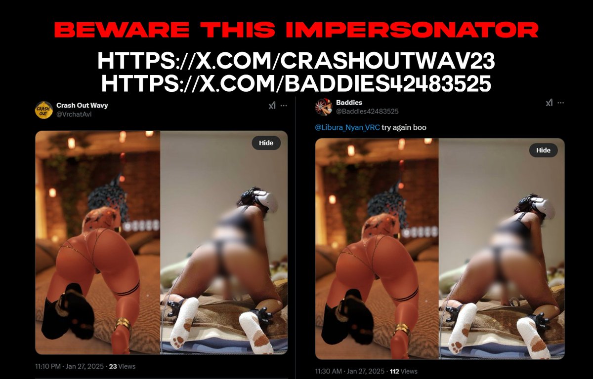 Libura_Nyan_VRC's tweet photo. PSA: BEWARE OF THIS IMPERSONATOR &amp; THIEF. 
https://t.co/eaI4fptE1g 
https://t.co/slJqWyaiTd  
Discord: jayosowavey | 916726595681665044
VRChat: https://t.co/sw41wItIJo

#impersonationisillegal #spreadawareness #stolencontent #mywatermarkremoved https://t.co/CJVpvuF59Y