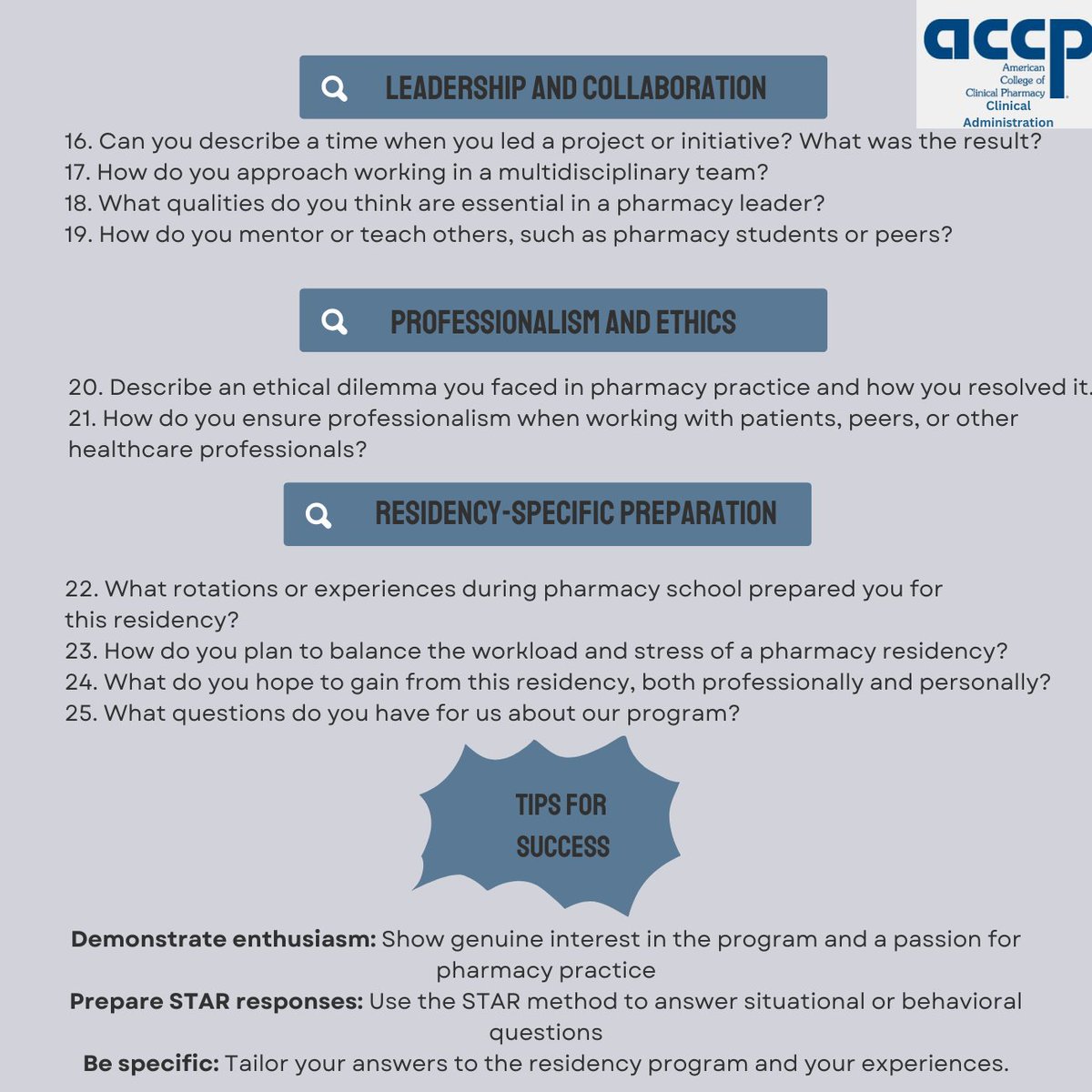 accpcadmprn's tweet photo. 📷 Pharmacy Residency Interviews: Be Ready for These Questions!
Residency interviews are fast approaching—are you prepared? Swipe through our graphic to see some of the most frequently asked interview questions and start crafting your responses!

#PharmacyResidency #ACCP https://t.co/Fafn8fZLXc