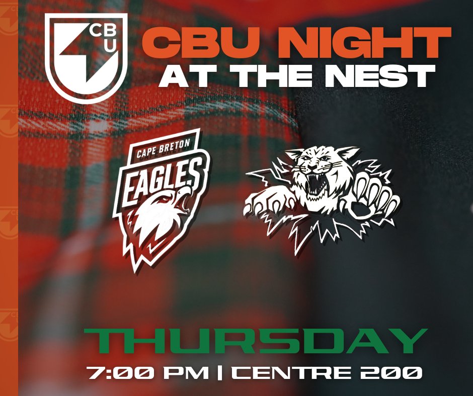 THIS THURSDAY 🗣

It is the annual CBU Night at the Nest when the Eagles welcome the league-leading Moncton Wildcats into the Nest for a 7:00 PM puck drop. 

Tickets -&gt; shorturl.at/3a8mo