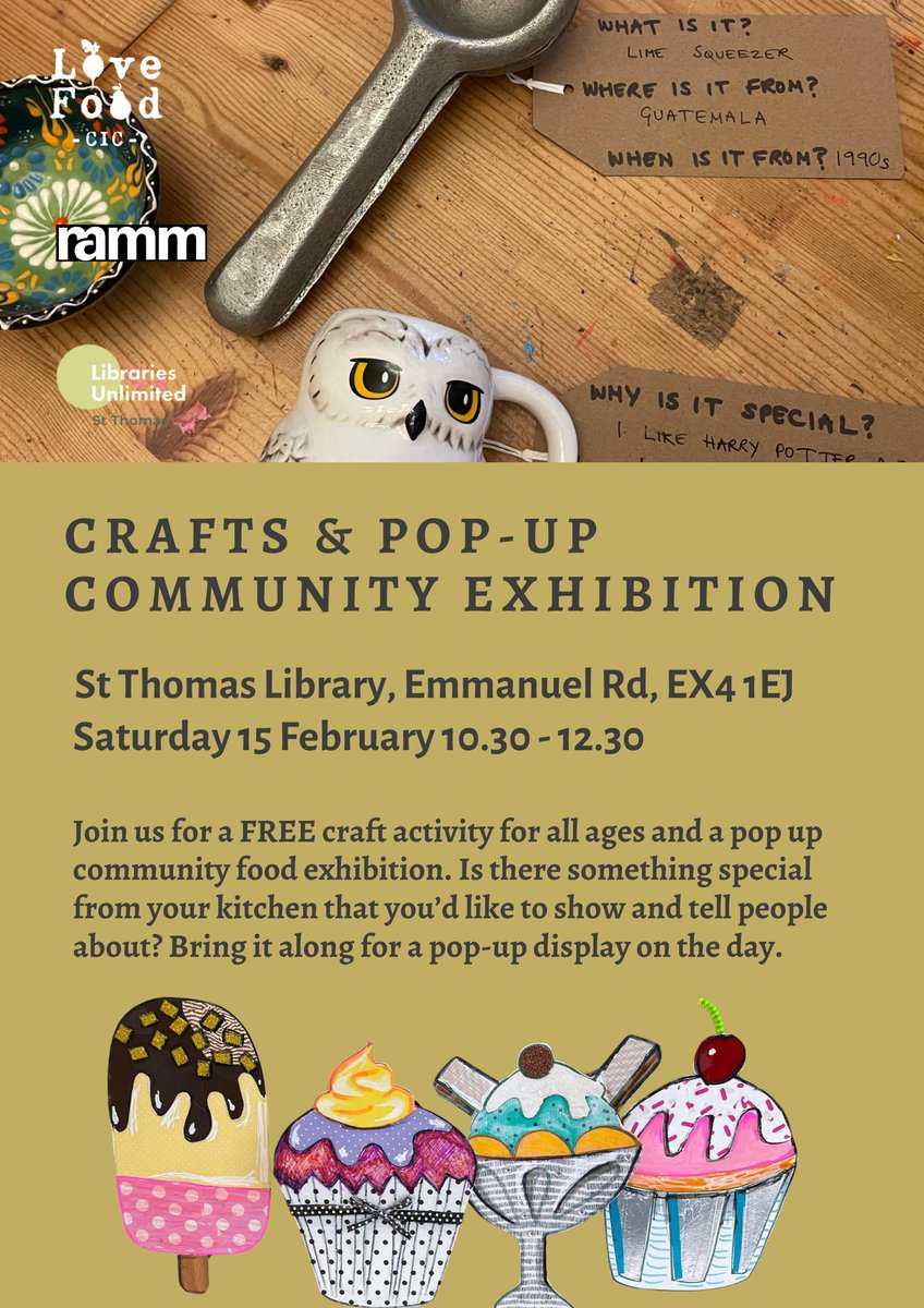 InclusiveExeter's tweet photo. 🎨 Crafts &amp; Pop-Up Community Exhibition 🍴

📍 St Thomas Library, EX4 1EJ
📅 Sat 15 Feb, 10:30 AM - 12:30 PM
Join RAMM for free crafts &amp; a community food exhibition! Got a unique kitchen item with a story? Bring it along!

🎟️ Book here: https://t.co/3VMMYxqg6G https://t.co/bUdylvvZJV