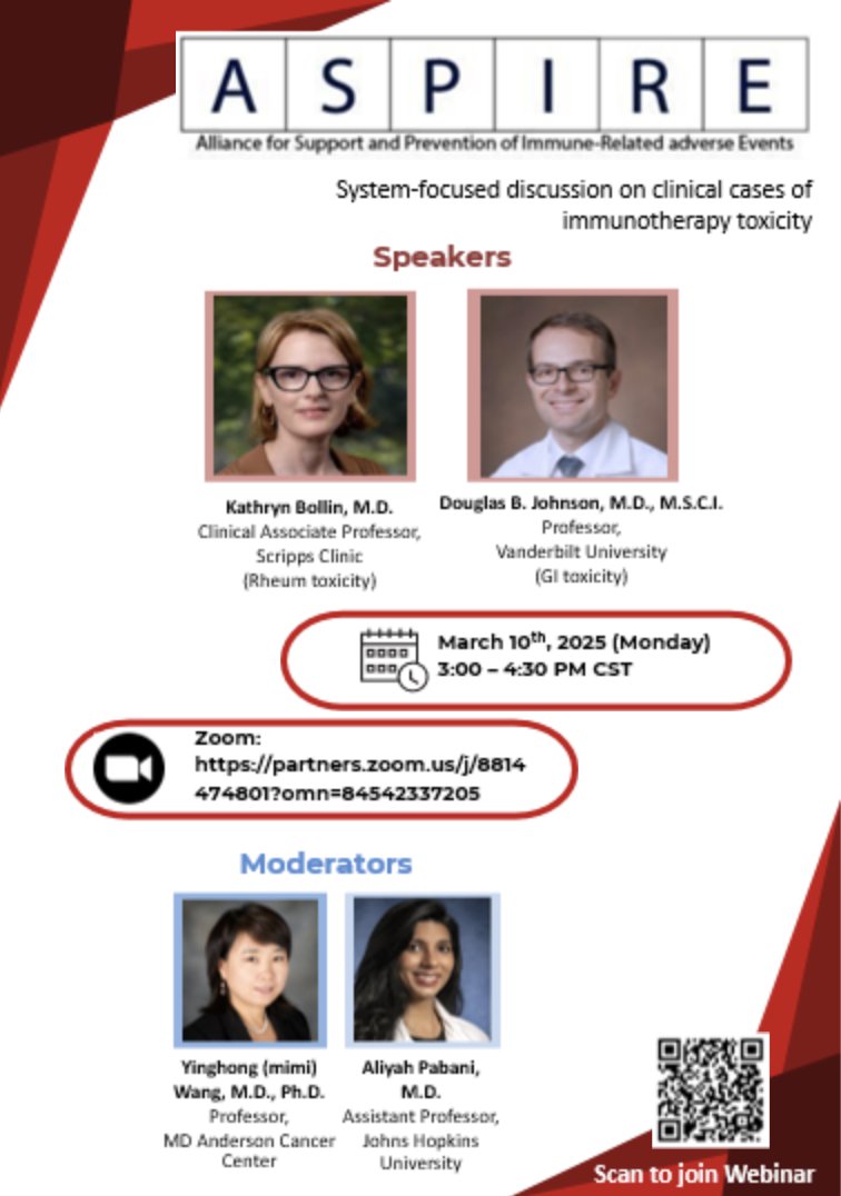 Pauline Funchain (@funchainmd) on Twitter photo Top of the irAE to you this Monday! 2 ASPirE events to kick off 2025:
ASPirE Annual Meeting 2/28 - 3/1: in person think tank graciously hosted by <a href="/afreenshariffmd/">Afreen Shariff, MD</a> <a href="/dukemedicine/">Duke Department of Medicine</a>
ASPirE Webinar 3/10: Launch of our Tumor Board series hosted by Yinghong Mimi Wang <a href="/MDAndersonNews/">MD Anderson Cancer Center</a> Top of the irAE to you this Monday! 2 ASPirE events to kick off 2025:
ASPirE Annual Meeting 2/28 - 3/1: in person think tank graciously hosted by <a href="/afreenshariffmd/">Afreen Shariff, MD</a> <a href="/dukemedicine/">Duke Department of Medicine</a>
ASPirE Webinar 3/10: Launch of our Tumor Board series hosted by Yinghong Mimi Wang <a href="/MDAndersonNews/">MD Anderson Cancer Center</a>