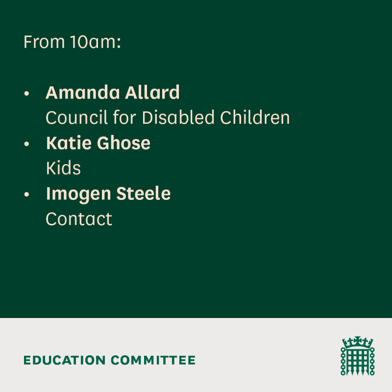 CommonsEd's tweet photo. Tomorrow, 10am 🕙

We'll be discussing the delays and difficulties families face securing SEND provision in schools with:

@KidsCharity @CDC_tweets @contactfamilies @SpcialNdsJungle @NNPCF @letuslearntoo @global_bmh

Click to learn more and watch live 👇