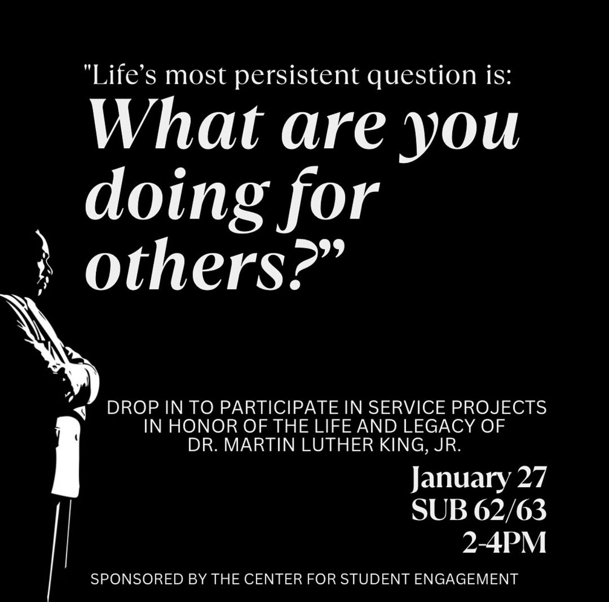 DR. KING DAY - Today is the campus-wide observance of Dr. Martin Luther King, Jr. Day!
CSE is having an event today, Jan 27, from 2-4p in SUB 62/63! See you there! 

Explore the legacy of Dr. King's life.

🔗 LINK: instagram.com/p/DFN4-7ZvJQJ/…

#sunynewpaltz #drking #drkingday #cse