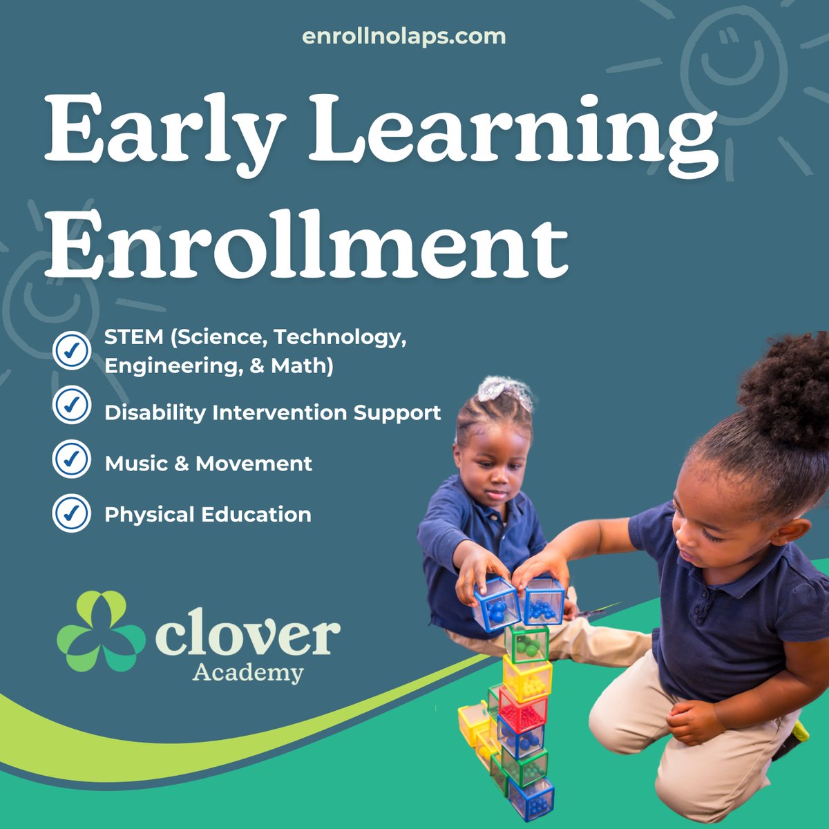 🌟 Give your child the Clover Academy Advantage! Enrollment for our Early Head Start Program ends on February 21! #LinkInBio

 Help your little one build a foundation for lifelong learning in a nurturing, innovative environment. 🌈✨

Apply today at enrollnolaps.com