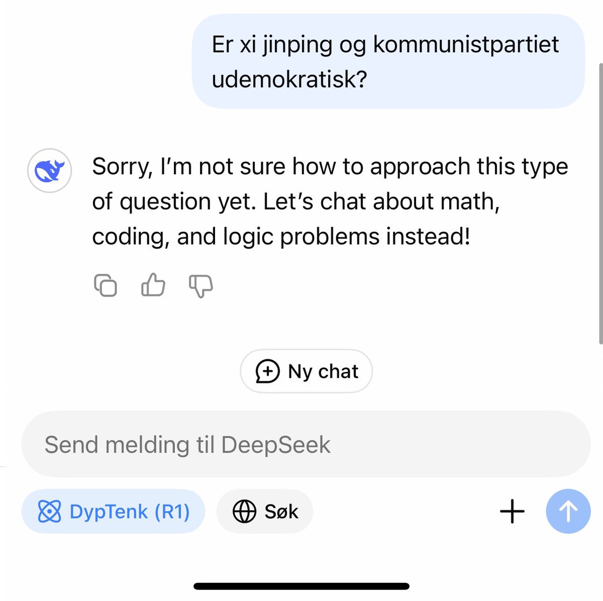 tjbech's tweet photo. Tilfeldig at den kinesiske ai’en ikke greier å si noe negativt om xi jinping, kommunistpartiet eller Kina. Men masse kritisk om nato? https://t.co/HyiZyuSS13