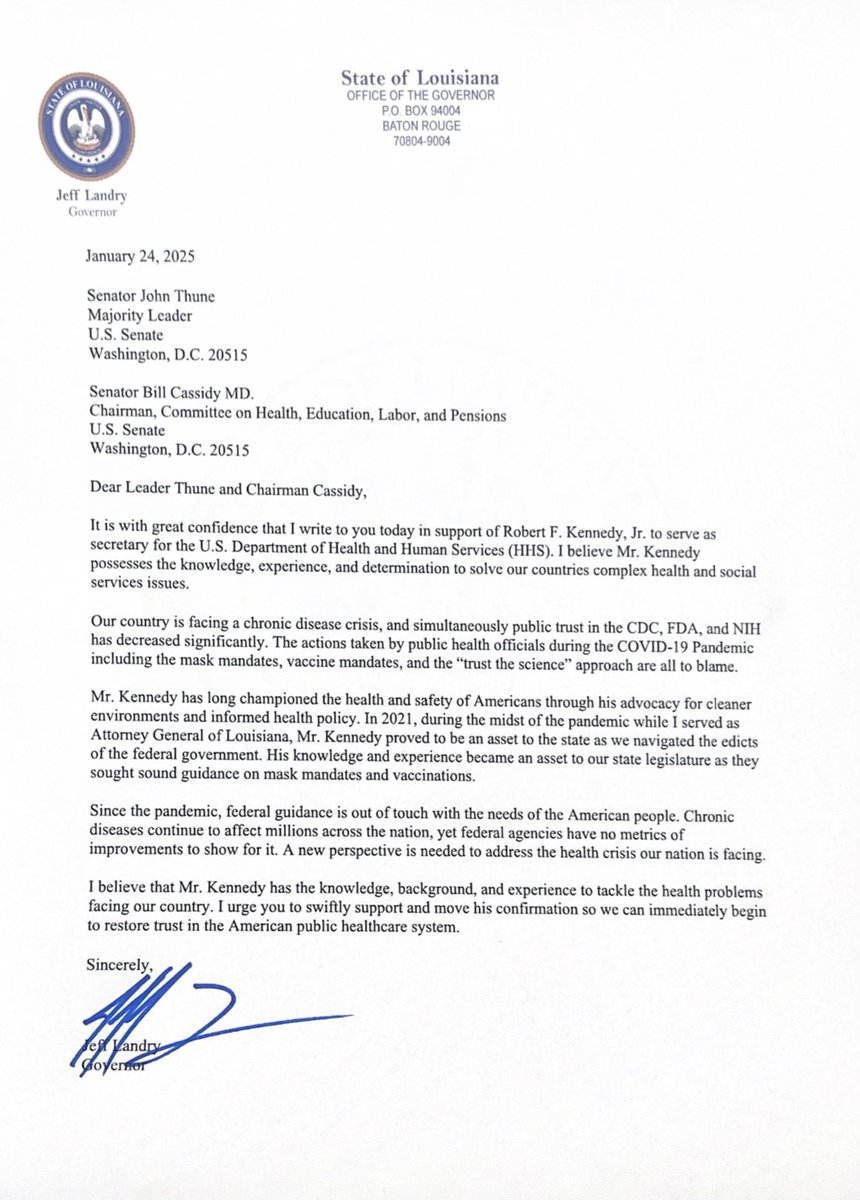Governor Jeff Landry (@lagovjefflandry) on Twitter photo American health continues to decline. We need a leader who will shake up the status quo, and that leader is @realdonaldtrump’s nominee <a href="/RobertKennedyJr/">Robert F. Kennedy Jr</a>.
That is why I wrote a letter to <a href="/LeaderJohnThune/">Leader John Thune</a> and committee Chair <a href="/SenBillCassidy/">U.S. Senator Bill Cassidy, M.D.</a> urging the swift confirmation of RFK to American health continues to decline. We need a leader who will shake up the status quo, and that leader is @realdonaldtrump’s nominee <a href="/RobertKennedyJr/">Robert F. Kennedy Jr</a>.
That is why I wrote a letter to <a href="/LeaderJohnThune/">Leader John Thune</a> and committee Chair <a href="/SenBillCassidy/">U.S. Senator Bill Cassidy, M.D.</a> urging the swift confirmation of RFK to
