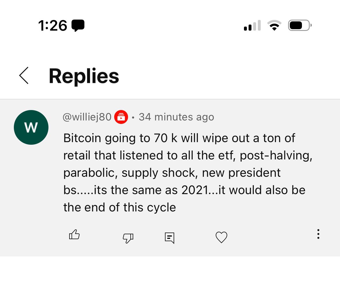 From comments today. I would say that a 70k drop would make a lot of new  investors feel pain. It pales in comparison to March 2020 when Bitcoin went  from almost 10k