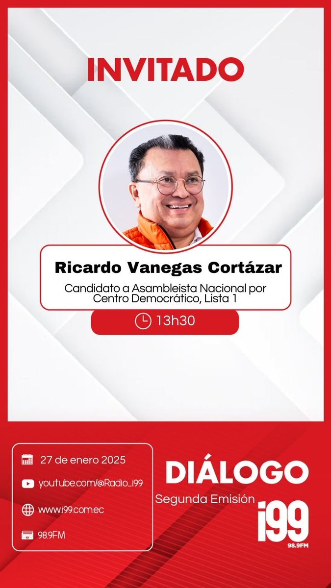 Radio_i99's tweet photo. Te presentamos al Invitado de Diálogo segunda emisión
13h30 Ricardo Vanegas Cortázar
#Sintonizala98.9FM
#i99
#Quebuenaradio https://t.co/D9FcF3I1tL