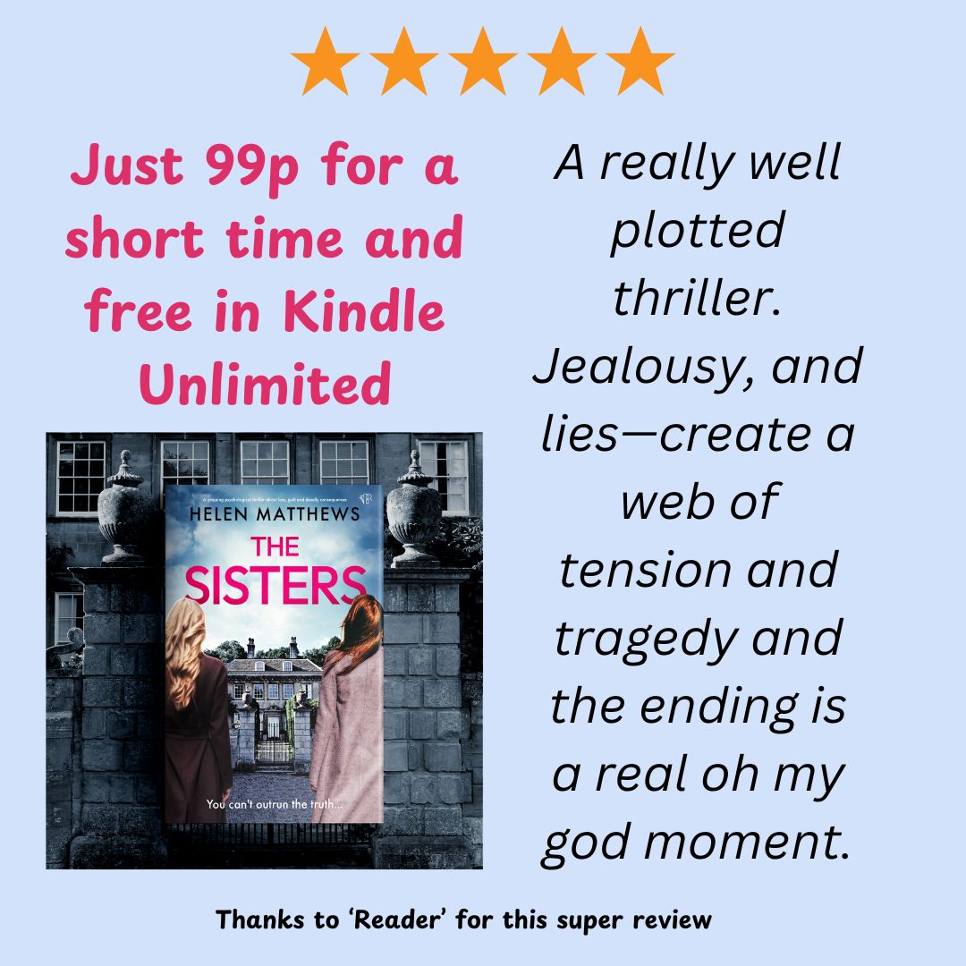 The Sisters is still at the bargain price of #99p on Kindle UK for a short time. geni.us/The-Sisters #familynoir #suspense #psychsuspense #readersoftwitter #readers #writingcommunity