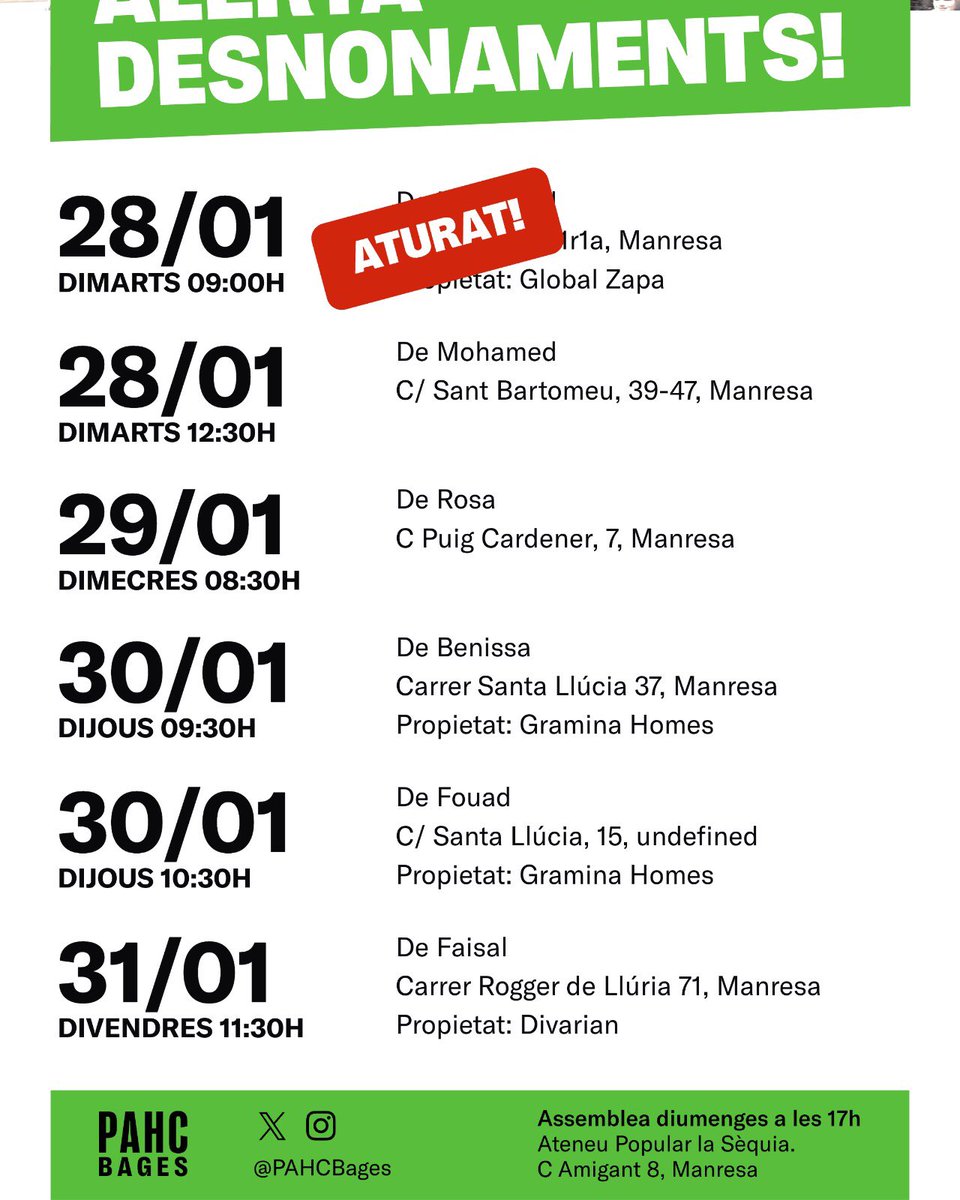 ‼️ Aturat 1 dels 2 desnonaments de dimarts

🟢👉 Ens veiem demà a les 12:30h per defensar la casa del Mohamed

SI SE PUEDE!