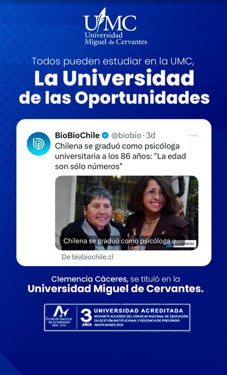 🚀 En la UMCervantes, la universidad de las oportunidades, todos pueden estudiar y alcanzar sus metas. ¡Las matrículas están abiertas! 🎓 Inscríbete hoy y da el primer paso hacia tu futuro. #UMCervantes #LaUniversidadDeLasOportunidades #MatrículasAbiertas