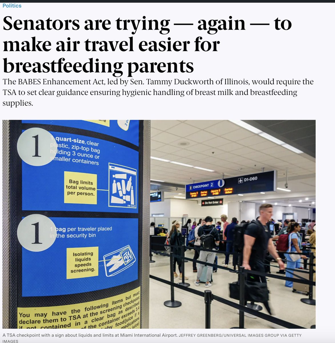 grace_panetta's tweet photo. New: Sen. Tammy Duckworth is reintroducing a bipartisan bill to make air travel easier for breastfeeding parents. The legislation passed the Senate by unanimous consent last seesion https://t.co/kjHO8qqze6