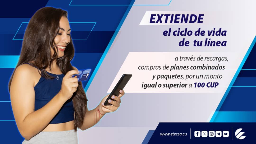 ¿Vence próximamente tu línea móvil? ⌛️
Extiende otros 330 días su vigencia 
➡️Recargando 📲 con 100CUP a través de Servicios en Línea, Transfermóvil o monedero MiTransfer.
➡️Comprando paquetes y planes combinados por un monto igual o superior a 100CUP.