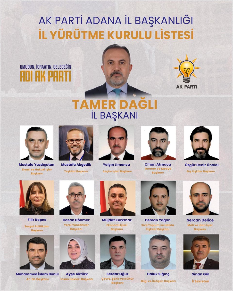 Tamer_Dagli's tweet photo. AK Parti Adana İl Başkanlığı İl Yürütme Kurulu listemiz partimize, teşkilatımıza ve Adana’mıza hayırlı olsun. 

Umudun, icraatın ve geleceğin adı #AKParti https://t.co/wQiqI0VOPn