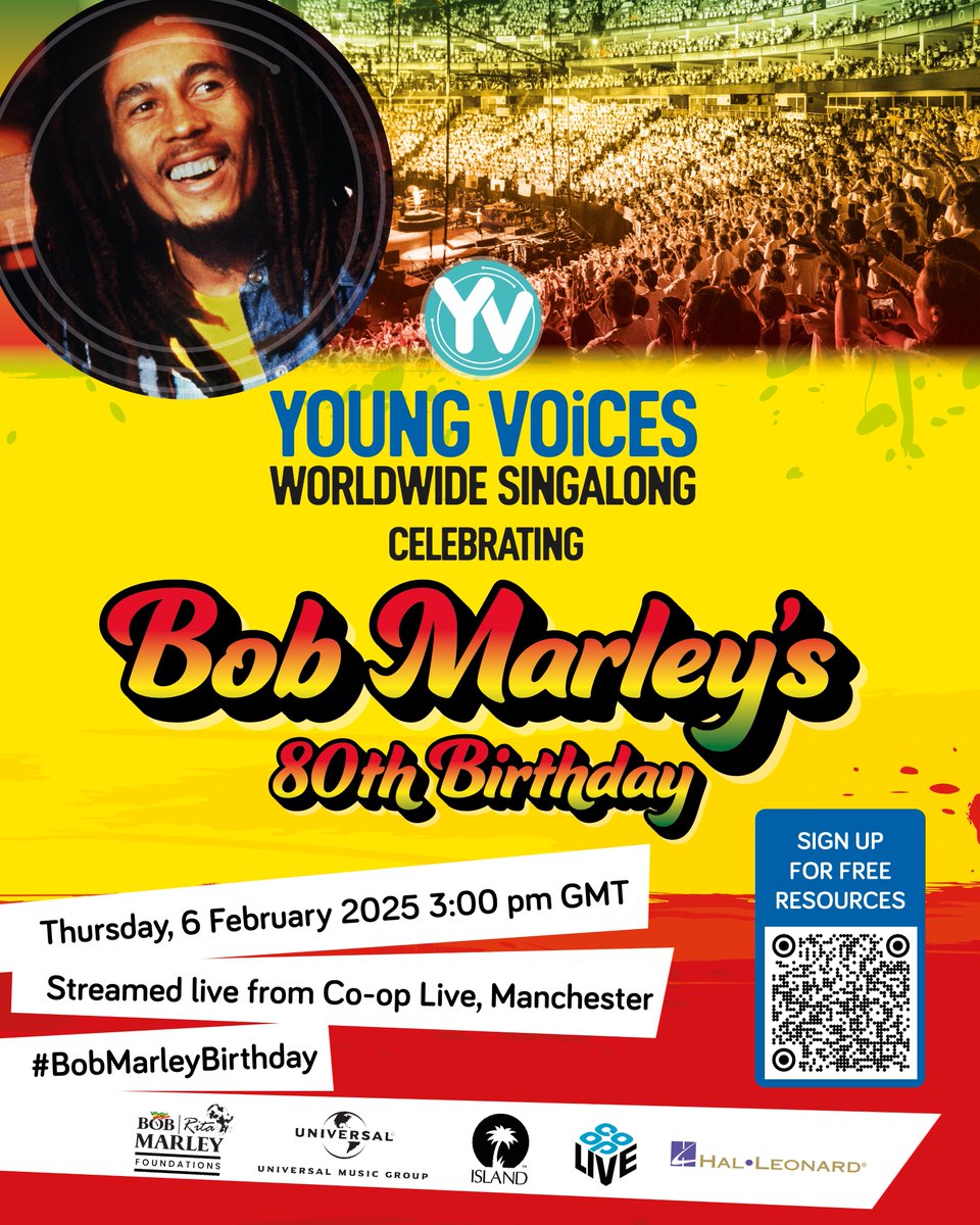 Celebrate Bob Marley’s 80th Birthday with Young Voices alongside The Bob &amp; Rita Marley Foundation🇯🇲

📅 Date: Thursday, 6 February 2025
🕒 Time: 3:00 PM GMT
📍 Where: Wherever you are—classroom, home, or hall!
✨ Led by 8,000 voices, streamed LIVE from Manchester’s Co-op Live!