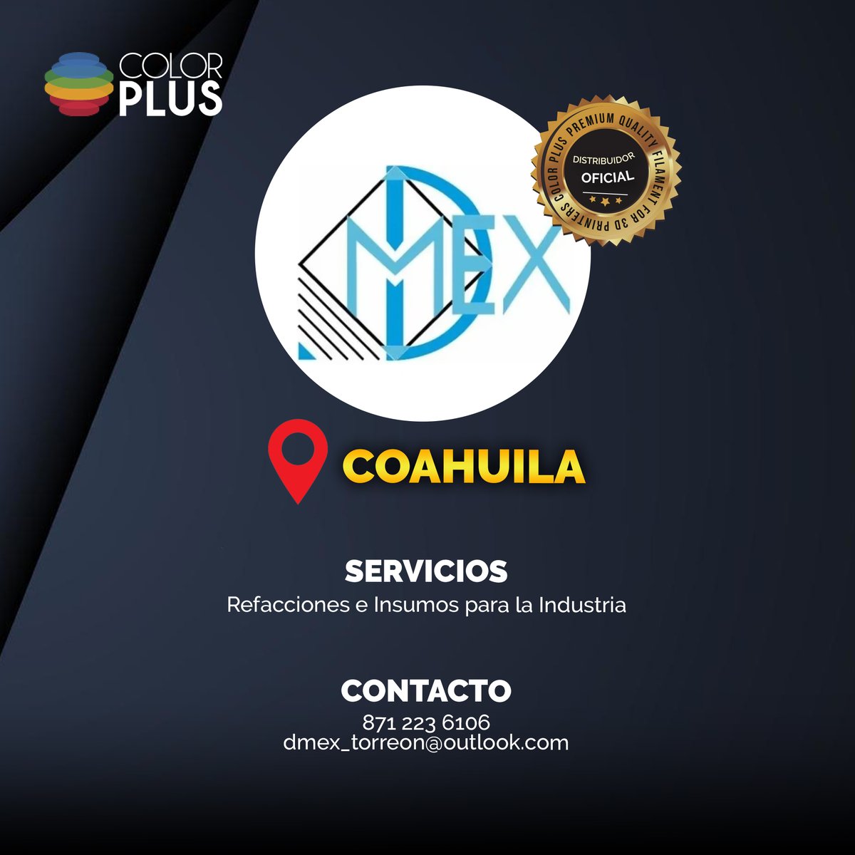 ColorPlus3d's tweet image. 👀Te presentamos a nuestro #ditribuidoroficial: DMEX
📍Coahuila
👉Servicios: 
🔹Refacciones e Insumos para la Industria
☎871 223 6106
🌐dmex_torreon@outlook.com
.
.
#impresion3d #impresion3d #coahuila #3dprint #colorplus #distribuidor3d