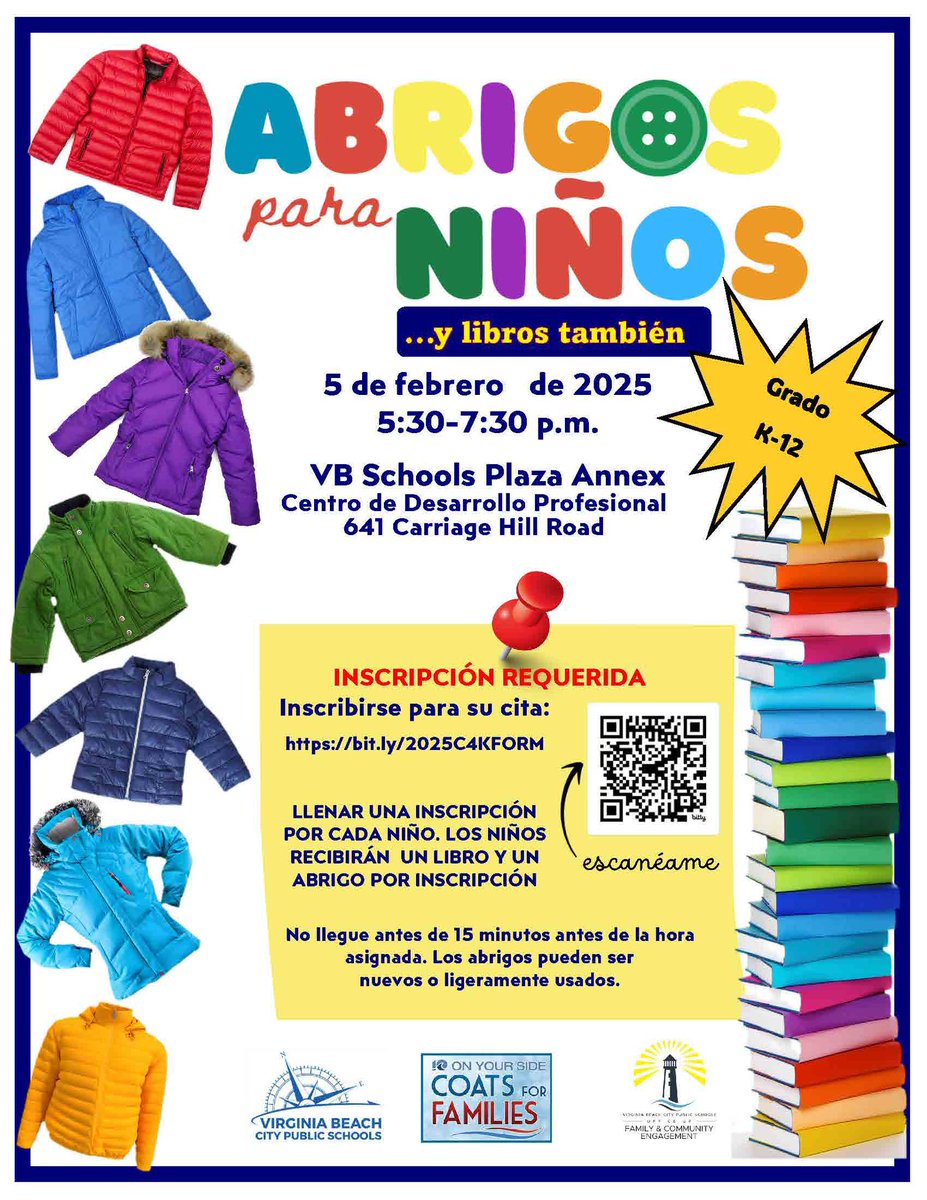 VB Families, mark your calendars🗓️and register today for Coats for Kids... and Books Too‼️
 
In partnership with <a href="/WAVY_News/">WAVY TV 10</a> and <a href="/VBFACE1/">VBFACE</a>, children will receive one coat and one book per registration!🧥📖
 
Registration is required➡️ bit.ly/2025C4KFORM