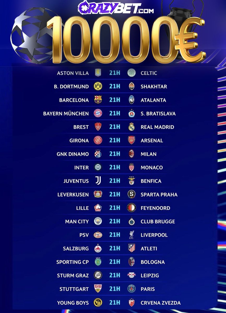 crazybet's tweet photo. €10,000 to WIN! 😳
BIGGEST GIVEAWAY OF THE MOMENT

Here’s how to participate:
1️⃣ Like, retweet, and follow us.

2️⃣ Comment with your predictions for all 17 Champions League games happening this Wednesday, PLUS the exact score for one game of your choice from the 18!

Good luck! 🫡 #UCL