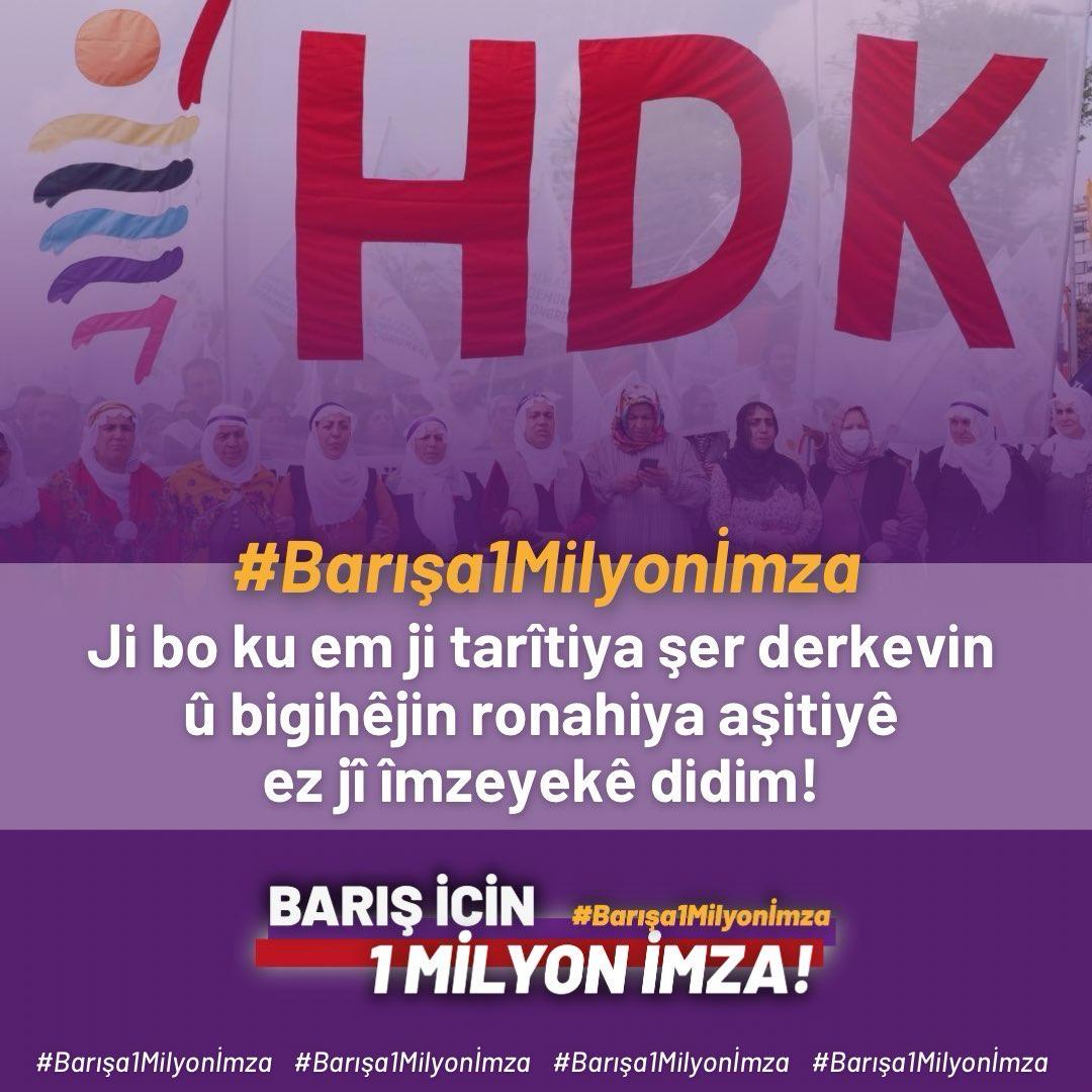 Eşit, adil, demokratik ve özgürlükçü ilkelere dayalı bir barışın sağlanması ve bir daha savaşların ve çatışmaların olmaması için bir imzada ben veriyorum.
#Barışa1Milyonİmza
cnhg.it/h5cdhcLv2d