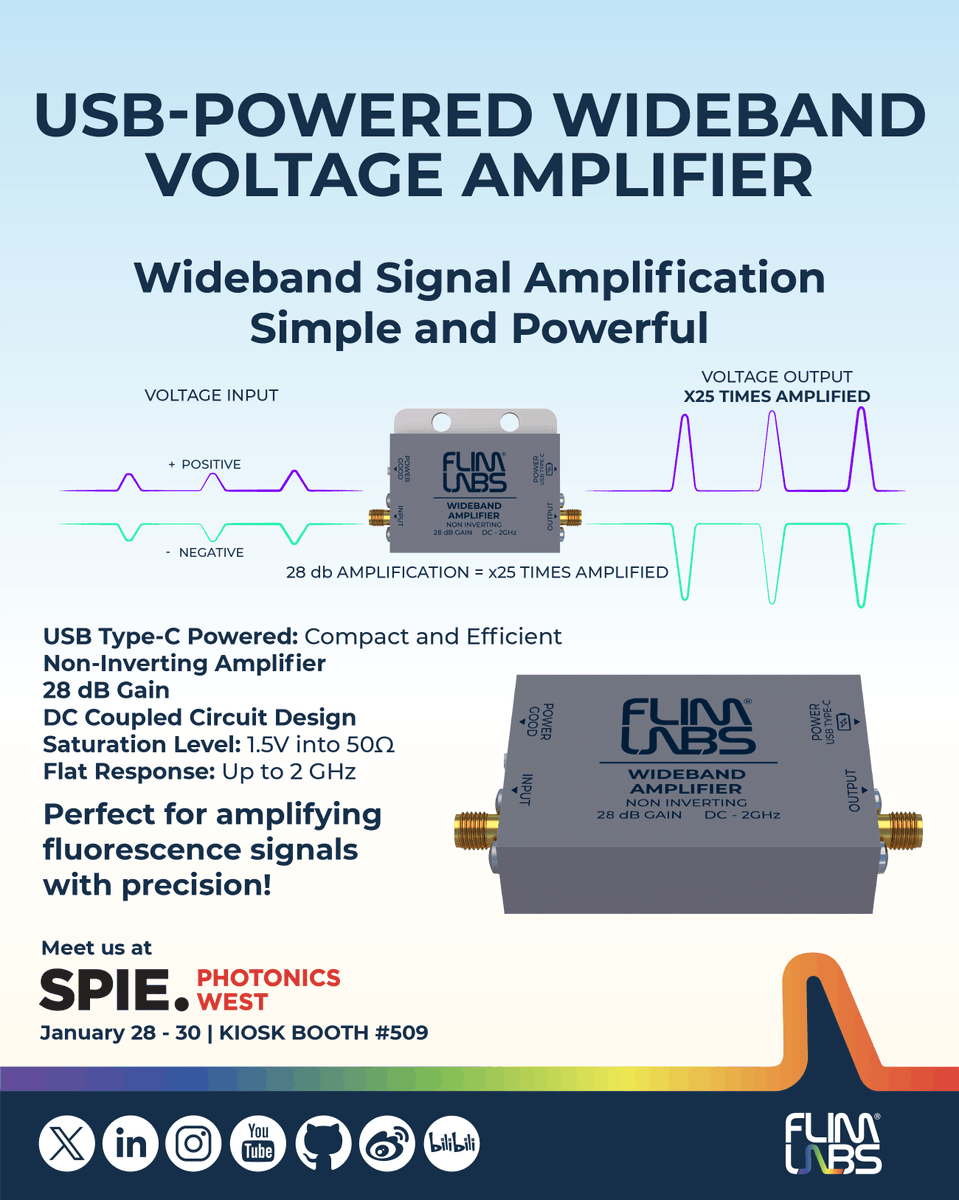 FlimLabs's tweet photo. Our #LNA #USBPowered #LowNoise #WidebandAmplifier boosts signals across a broad frequency range, minimizing added noise. Ideal for amplifying signals from #PhotomultiplierTubes with sensitivity and precision
🌎https://t.co/wPiKyRCQVU
📍#SPIE #PhotonicsWest booth #509
@SPIEtweets https://t.co/Vw0GmYtVE4