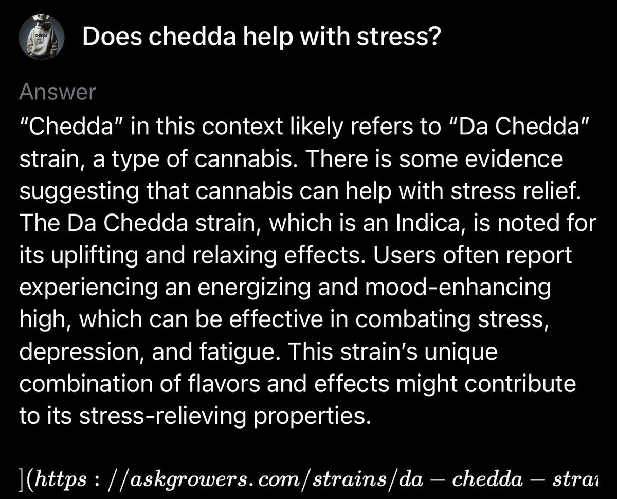 GetDatChedda's tweet image. GM GM. Hmmm I wonder what everyone’s favorite cheese is? According to grok there is a type of Chedda that helps with stress. lol it’s called Da $chedda. Grok seems to like to party. 😂🤭