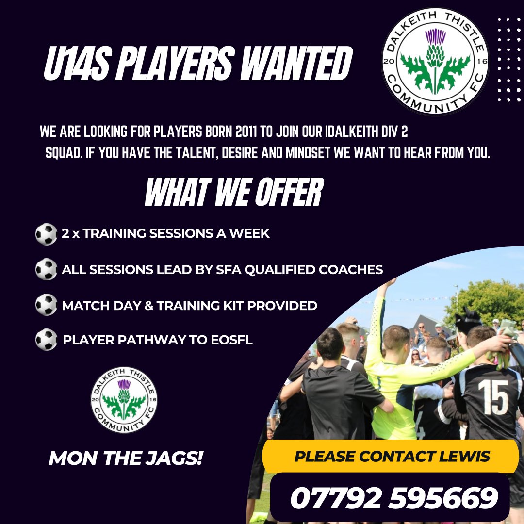 ⚫️⚪️ PLAYERS WANTED.

We are looking for players born 2011 to join our U14s Dalkeith Squad.

If interested, please get in touch 

#DalkeithThistle