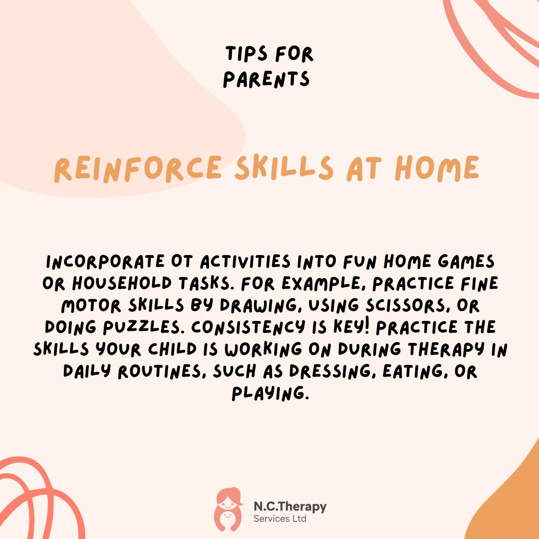 nctherapyuk's tweet image. Therapy continues at home! 🏠 Practice OT skills in daily routines, make activities fun, and create a sensory-friendly space for your child to recharge. 🌈 

#TherapyAtHome #OTSupport  #OT #OccupationalTherapy #OccupationalTherapist #PediatricTherapy #TherapyWorks