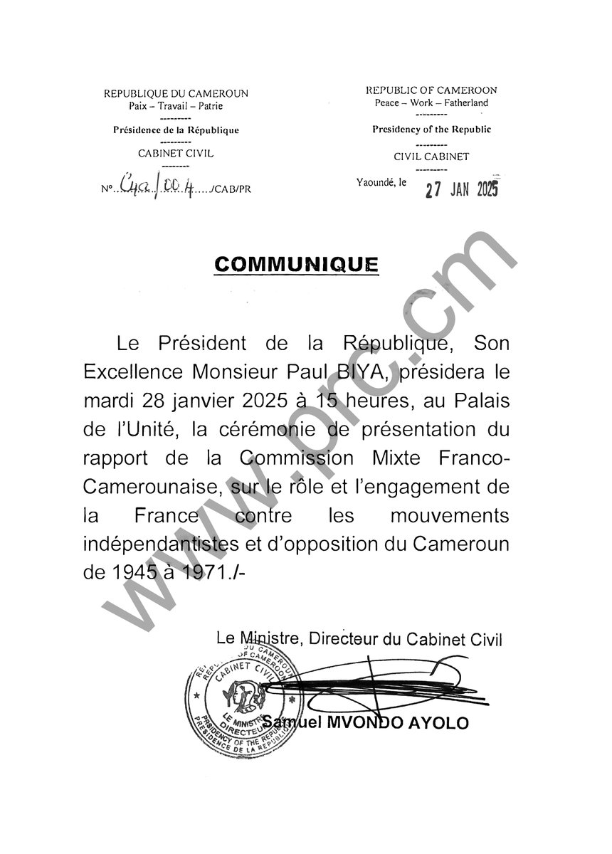 CabinetCivilPRC's tweet photo. Cérémonie de présentation du rapport de la Commission Mixte Franco-­Camerounaise, sur le rôle et l’engagement de la France contre les mouvements indépendantistes et d’opposition du Cameroun de 1945 à 1971.

Palais de l'Unité: mardi 28 janvier 2025 à 15 heures.
#PaulBiya
#Cameroun https://t.co/pSWmqpS7iz