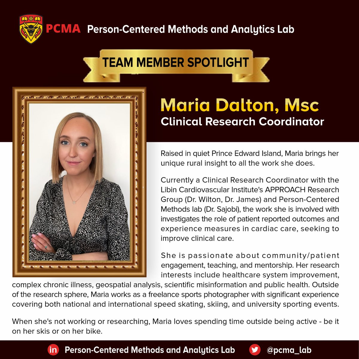 Person-centered Methods and Analytics Lab (@pcma_lab) on Twitter photo TEAM MEMBER SPOTLIGHT
This week's spotlight is on Maria Dalton, our multi-talented clinical research coordinator, who is passionate about community/patient engagement in research.
Learn more about her and the amazing work she does with our research group.
<a href="/dr_sajobi/">Tolu Sajobi</a> TEAM MEMBER SPOTLIGHT
This week's spotlight is on Maria Dalton, our multi-talented clinical research coordinator, who is passionate about community/patient engagement in research.
Learn more about her and the amazing work she does with our research group.
<a href="/dr_sajobi/">Tolu Sajobi</a>