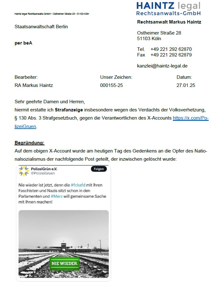Anbei meine Strafanzeige wegen des Verdachts der Volksverhetzung gegen die Verantwortlichen von PolizeiGrün e. V. 

Langsam aber sicher brennen bei den links-woke-grünen die letzten Sicherungen durch, weil ihnen die Medienhoheit für ihre kranke Agenda entgleitet.

X-Trends zum