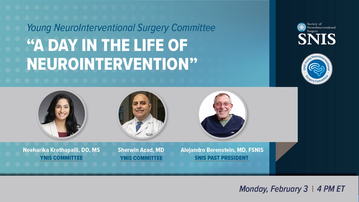 SNIS Info (@snisinfo) on Twitter photo The next <a href="/YNIScommittee/">YNIS Committee</a> webinar "A Day in the Life of Neurointervention" is 2/3 at 4:00pm ET.
Register: register.gotowebinar.com/register/44615… The next <a href="/YNIScommittee/">YNIS Committee</a> webinar "A Day in the Life of Neurointervention" is 2/3 at 4:00pm ET.
Register: register.gotowebinar.com/register/44615…