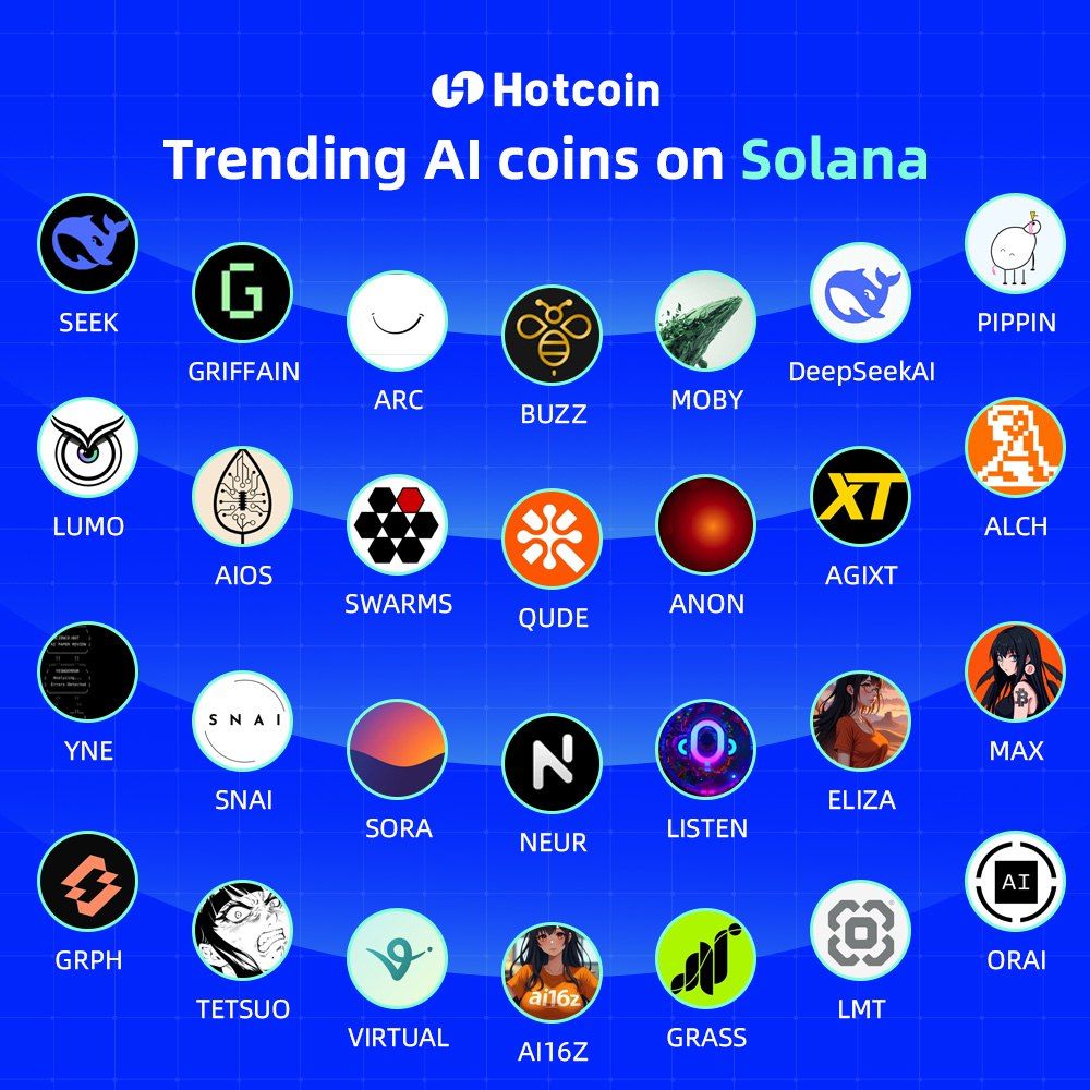 🔥 Trending AI coins on Solana 🔥 $SEEK $GRIFFAIN $ARC $BUZZ $MOBY  $DeepSeekAI $PIPPIN $LUMO $AIOS $SWARMS $QUDE $ANON $AGIXT $ALCH $YNE $SNAI  $SORA $NEUR $LISTEN $ELIZA $MAX $GRPH $TETSUO $VIRTUAL $AI16Z $