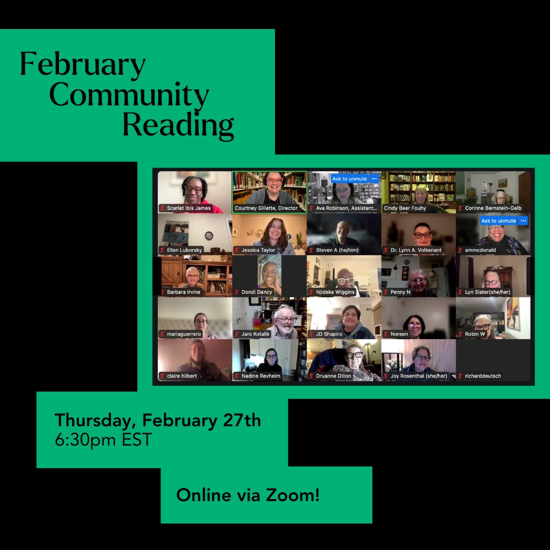 Join us for our next Community Reading, on February 27th via Zoom! We look forward to hearing from current and former students as they share their recent writing. And we'd love to hear from you, too! 

Interested in reading? Sign up now!
RSVP to attend via the link in bio 🔗