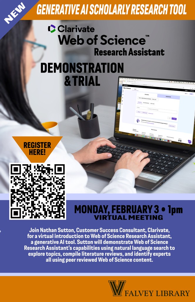 Join Nathan Sutton of Clarivate for a virtual introduction to Web of Science Research Assistant, a generative AI tool, on Monday, February 3, at 1 p.m.

Registration 🔗 in bio!