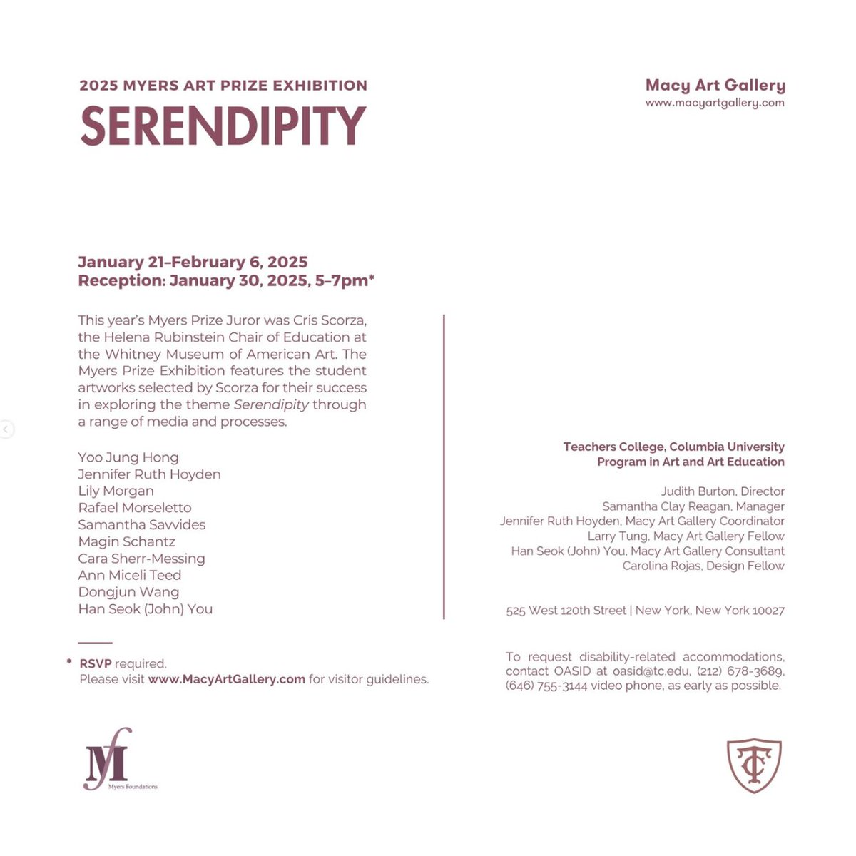 TC Arts & Humanities (@tcaandh) on Twitter photo Congrats to the recipients of the 2025 Myers Art Prize!
The Prize features student works selected by Cris Scorza (The Helena Rubinstein Chair of Education <a href="/whitneymuseum/">Whitney Museum</a>) for their success in exploring the theme Serendipity through a range of media and processes. Congrats to the recipients of the 2025 Myers Art Prize!
The Prize features student works selected by Cris Scorza (The Helena Rubinstein Chair of Education <a href="/whitneymuseum/">Whitney Museum</a>) for their success in exploring the theme Serendipity through a range of media and processes.