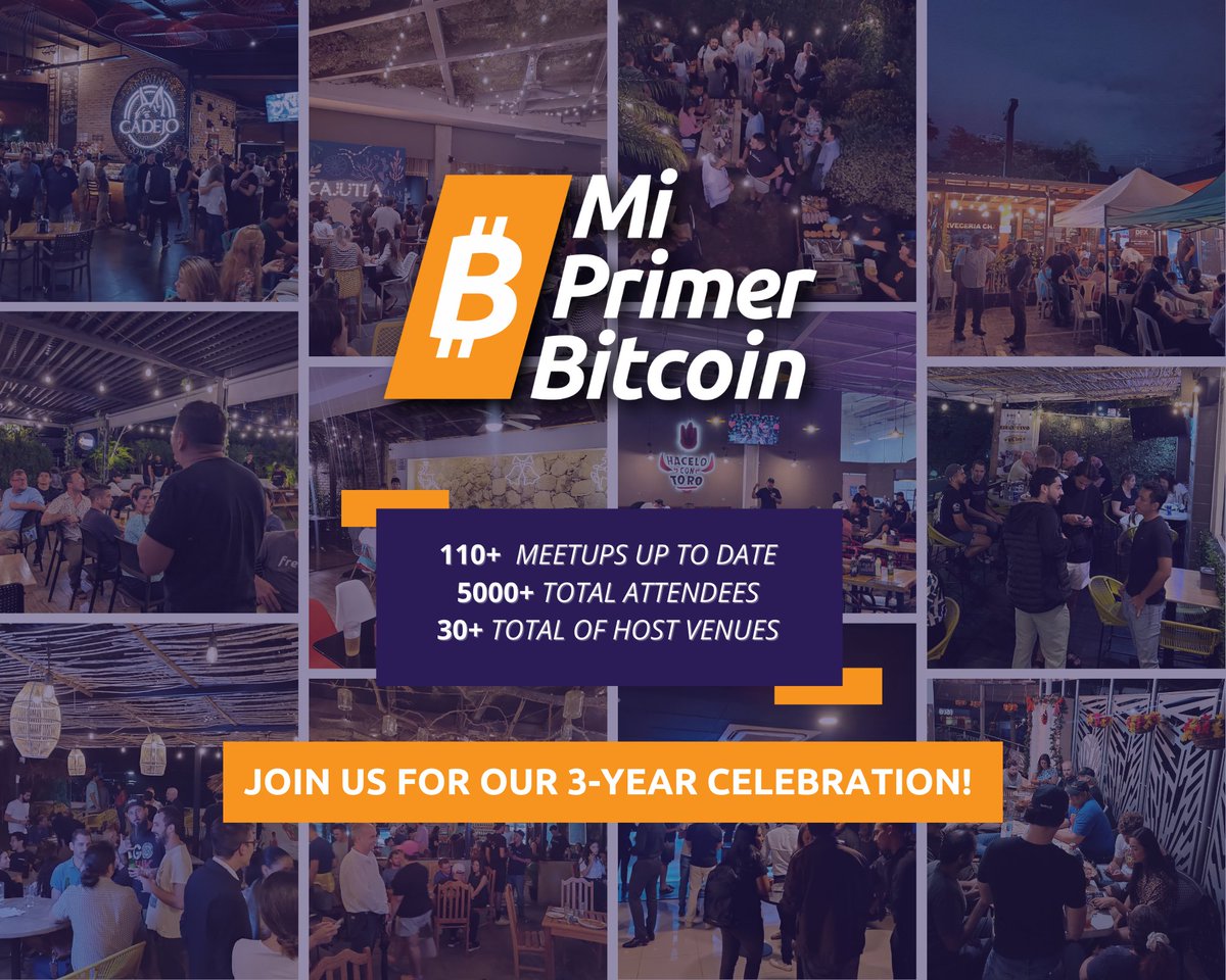On Thursday we're celebrating 3 years of our Bitcoin Meetups in El Salvador! 🇸🇻🚀

110+ meetups, 5000+ attendees, 30+ venues

Join us for this special event, made possible by <a href="/bitdriver_sv/">Bitdriver</a> &amp; <a href="/blinkbtc/">Blink – The Everyday Bitcoin Wallet</a> with live music of <a href="/BitcoinRockShow/">The Bitcoin Rock Show</a>.

📌 Sign up here: lu.ma/tkykm6gc