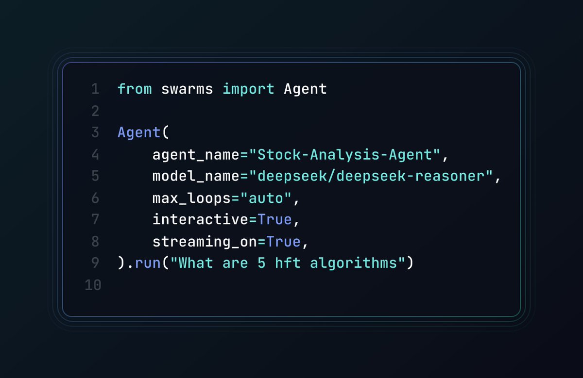 Deep Seek Agent in 9 lines of code.

Steps: 

1. pip3 install -U swarms
2. .env with DEEPSEEK_API_KEY
3. Run

Links below ⬇️