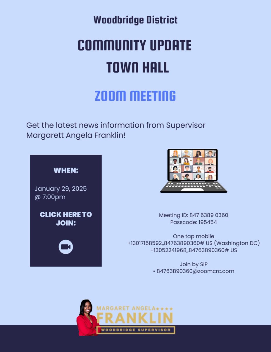 Wednesday, January 29th, at 7:00PM, join Supervisor Franklin for her annual Woodbridge District Town Hall via Zoom!! 🏘️📋

The zoom link will be available through our Instagram bio, weekly newsletter, and our website! 💻

us06web.zoom.us/j/84763890360?…