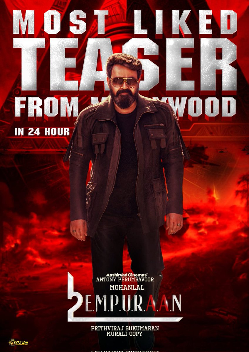 njvigal's tweet photo. Most Liked Mollywood Teaser In 24 Hrs

1) #Empuraan [@aashirvadcine (328K) &amp; @LycaProductions (71K)] - 399K 

2) #CBI5TheBrain - 310K

3) #Mahaveeryar - 308K

4) #BheeshmaParvam - 306K

5) #KingOfKotha - 293K

#Mohanlal #Mammootty #DulquerSalmaan #NivinPauly #PrithvirajSukumaran https://t.co/92smRHy5Km